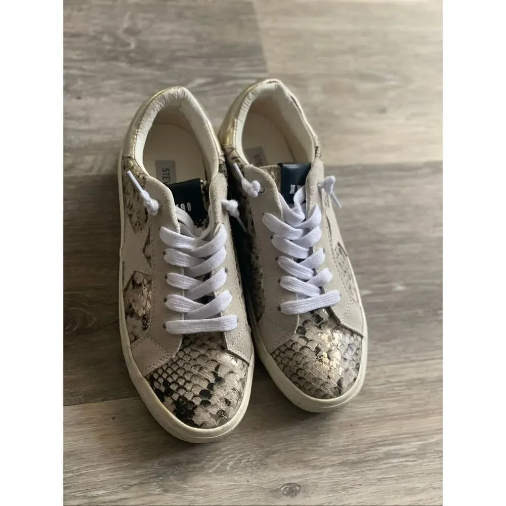 Steve Madden Women’s Pursued Gold Metallic Snakeskin Lace-Up Sneakers Size 7M